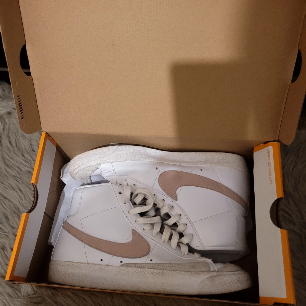 Nike White High-Top Sneakers with Beige Swoosh